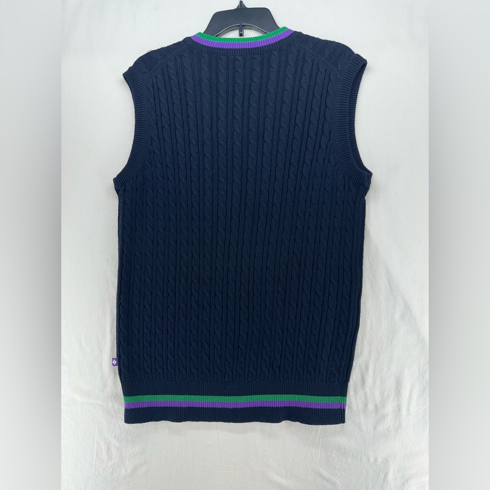 Wimbledon Navy Blue Cable Knit Sweater Vest Purple Green Stripe Womens Size L - Picture 2 of 7